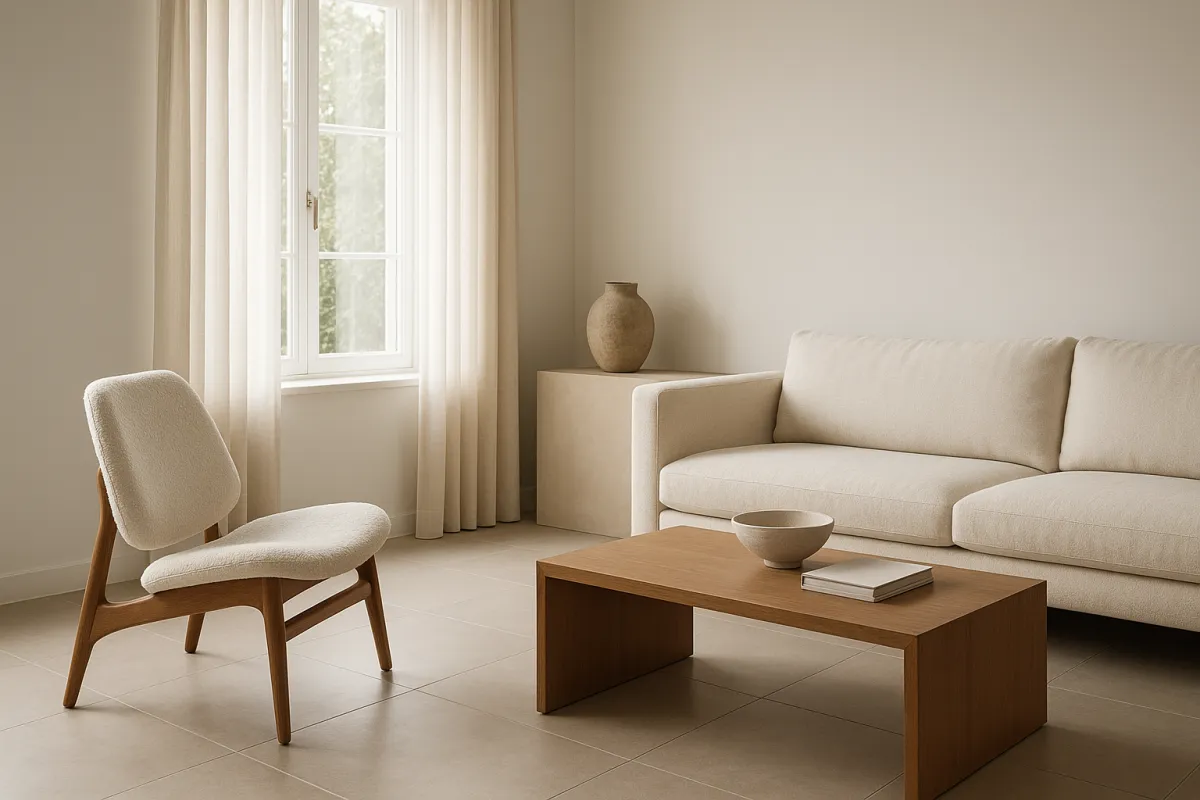 Modern interior: uncluttered living room with warm minimal palette and soft natural light