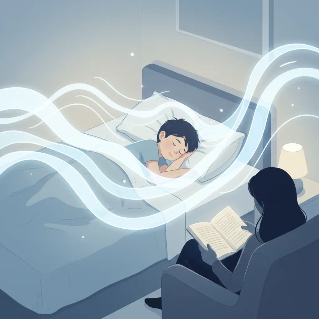 A young child, peacefully lying in bed, is surrounded by gentle, glowing waves representing brain activity. The room is softly lit, with a parent reading nearby. The illustration uses calming blues and whites, evoking a sense of safety and scientific wonder.