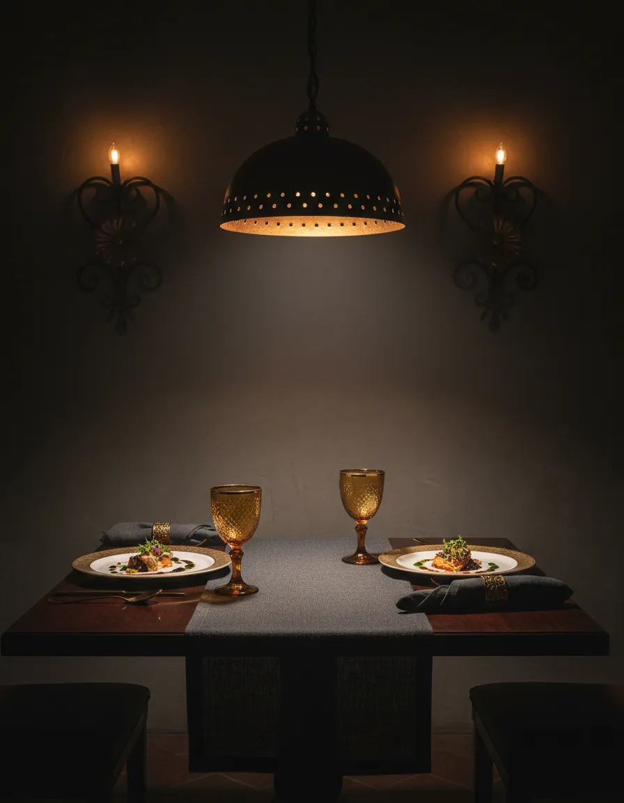 Dark toned authentic Mexican restaurant dining ambiance with warm lighting