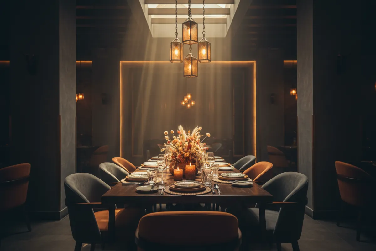 Atmospheric dark restaurant interior ready for Lake Bluff guests