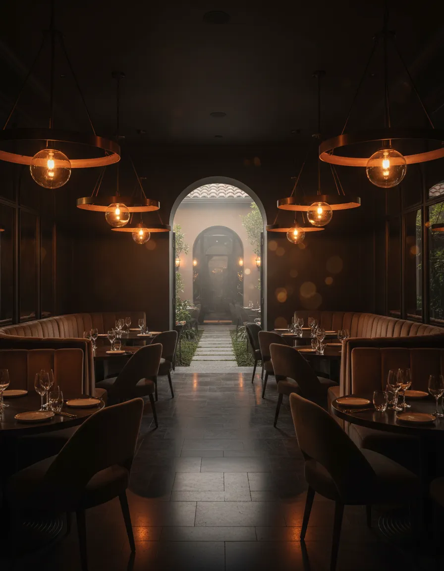 Moody dark photography of our upscale Mexican restaurant dining room and exterior