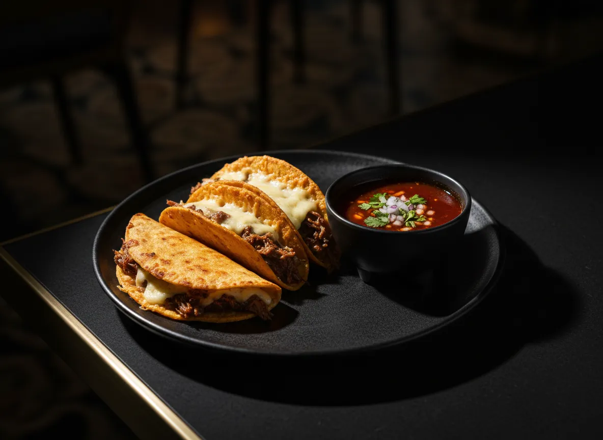 Quesaburria Tacos rich slow-cooked beef with dipping consomme
