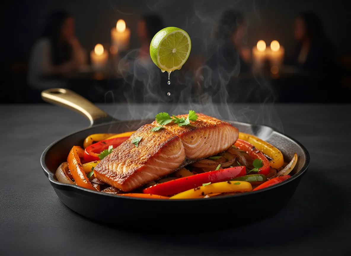 Salmon Fajitas sizzling fresh salmon with vibrant peppers