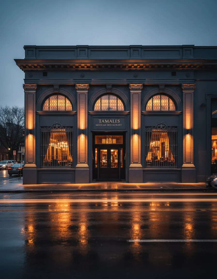 Tamales Mexican Restaurant storefront at dusk on Central Ave
