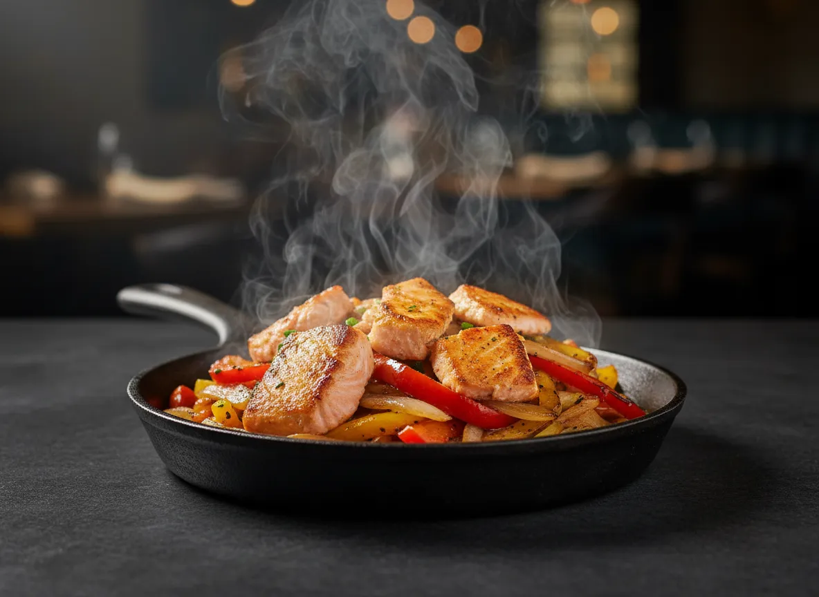 Moody dark food photography of Salmon Fajitas