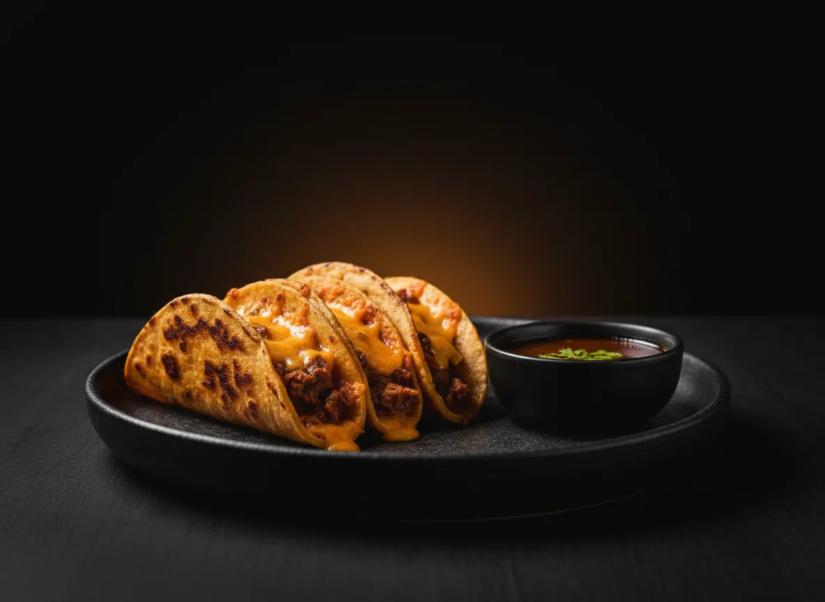 Moody dark food photography of Quesabirria Tacos