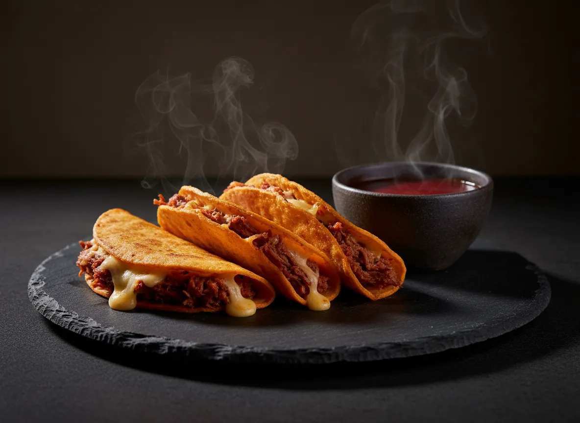 Low-key high-contrast photo of Quesabirria Tacos