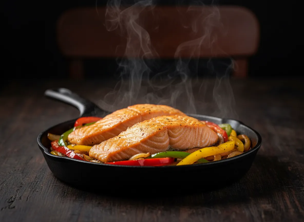 Low-key high-contrast photo of Salmon Fajitas