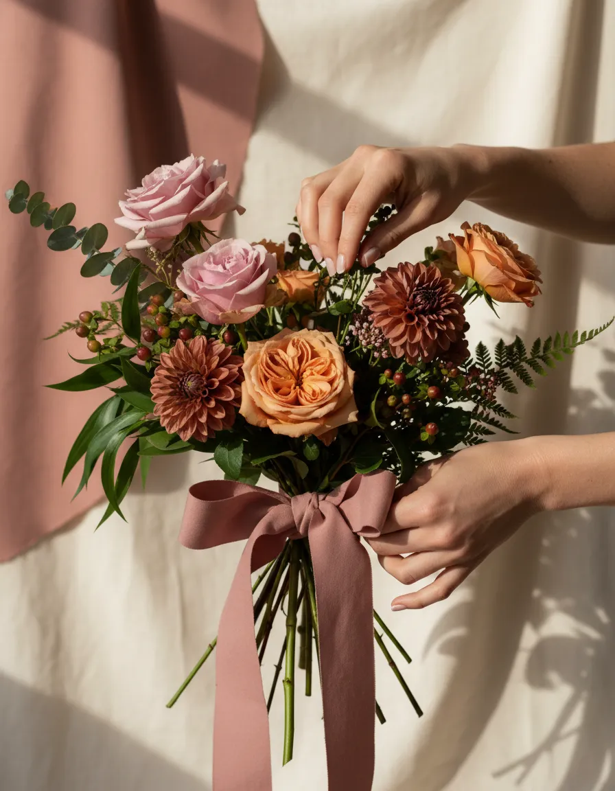 A skilled artisan florist thoughtfully arranging seasonal blooms with intentional care.