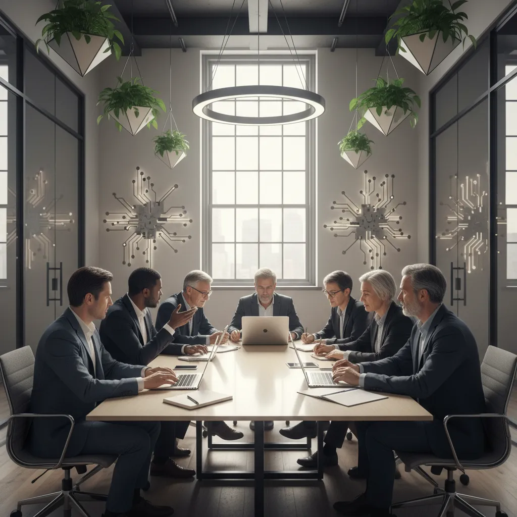 A team of AI consultants of varied ages and backgrounds, gathered around a table with laptops and notes, discussing strategies. The environment is open, with natural light and tech decor, emphasizing collaboration and expertise. 1:1 aspect ratio.