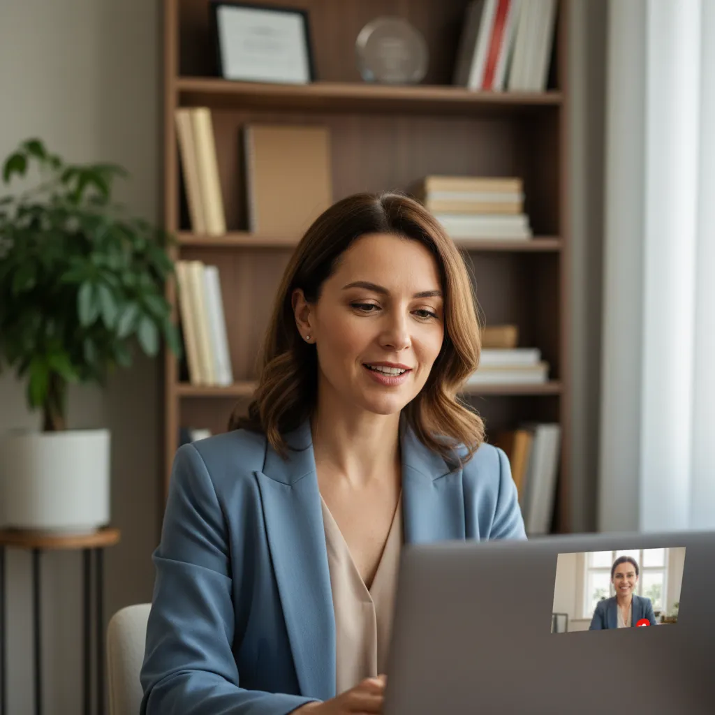 A professional AI consultant, mid-30s, speaking on a video call with a client. The background shows a home office with bookshelves and a plant, suggesting approachability and expertise. 1:1 aspect ratio.