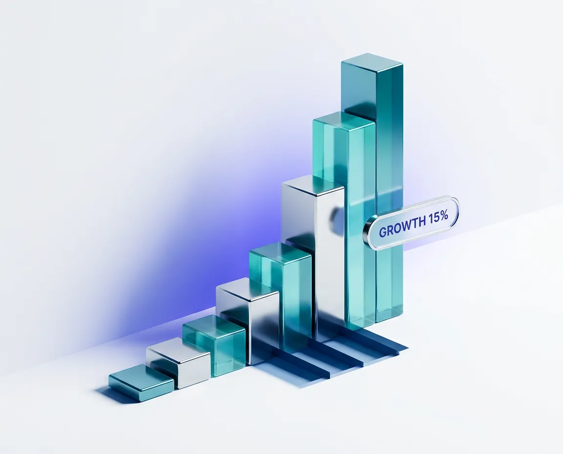 3D geometric scaling curve render with floating performance milestone indicators