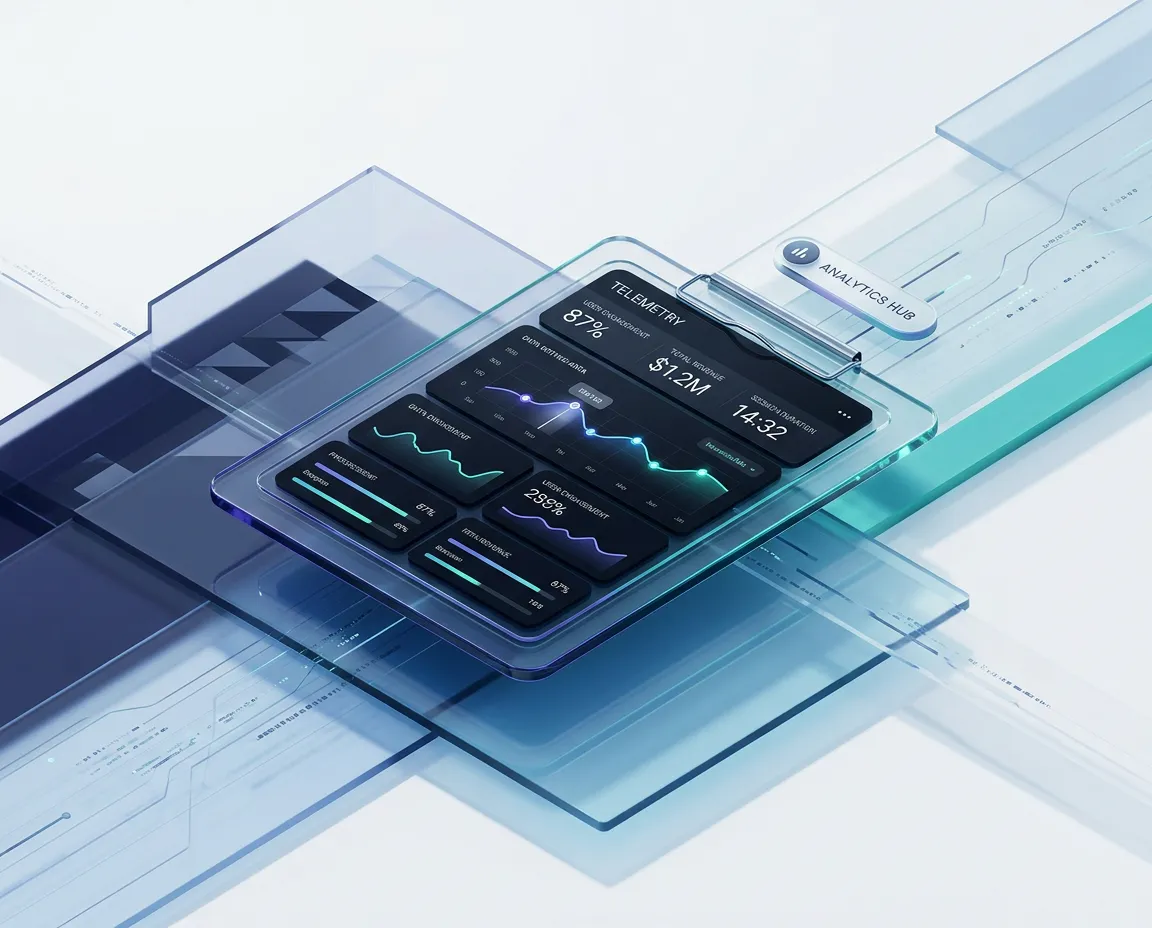 3D isometric render of an analytics dashboard with floating statistic badges and glassmorphic telemetry cards