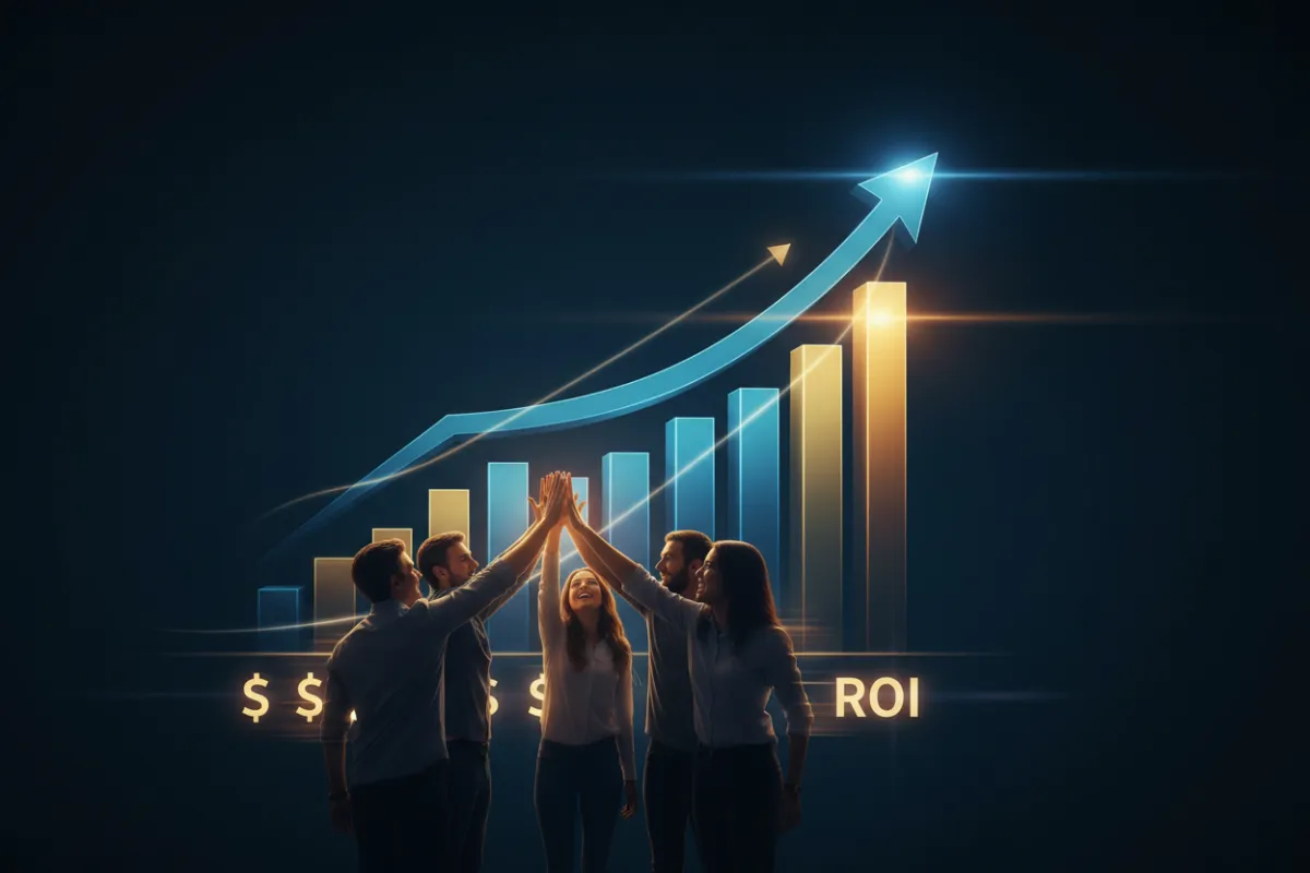 Team celebrating rapid ROAS growth with upward performance graph.