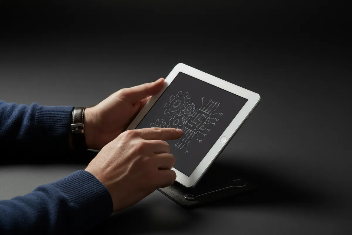 Photorealistic workspace scene with a German-small-business vibe: laptop, notebook, and coffee removed from background to focus on device and hands; bright natural lighting, minimal props, isolated on neutral backdrop for clarity and marketing use.