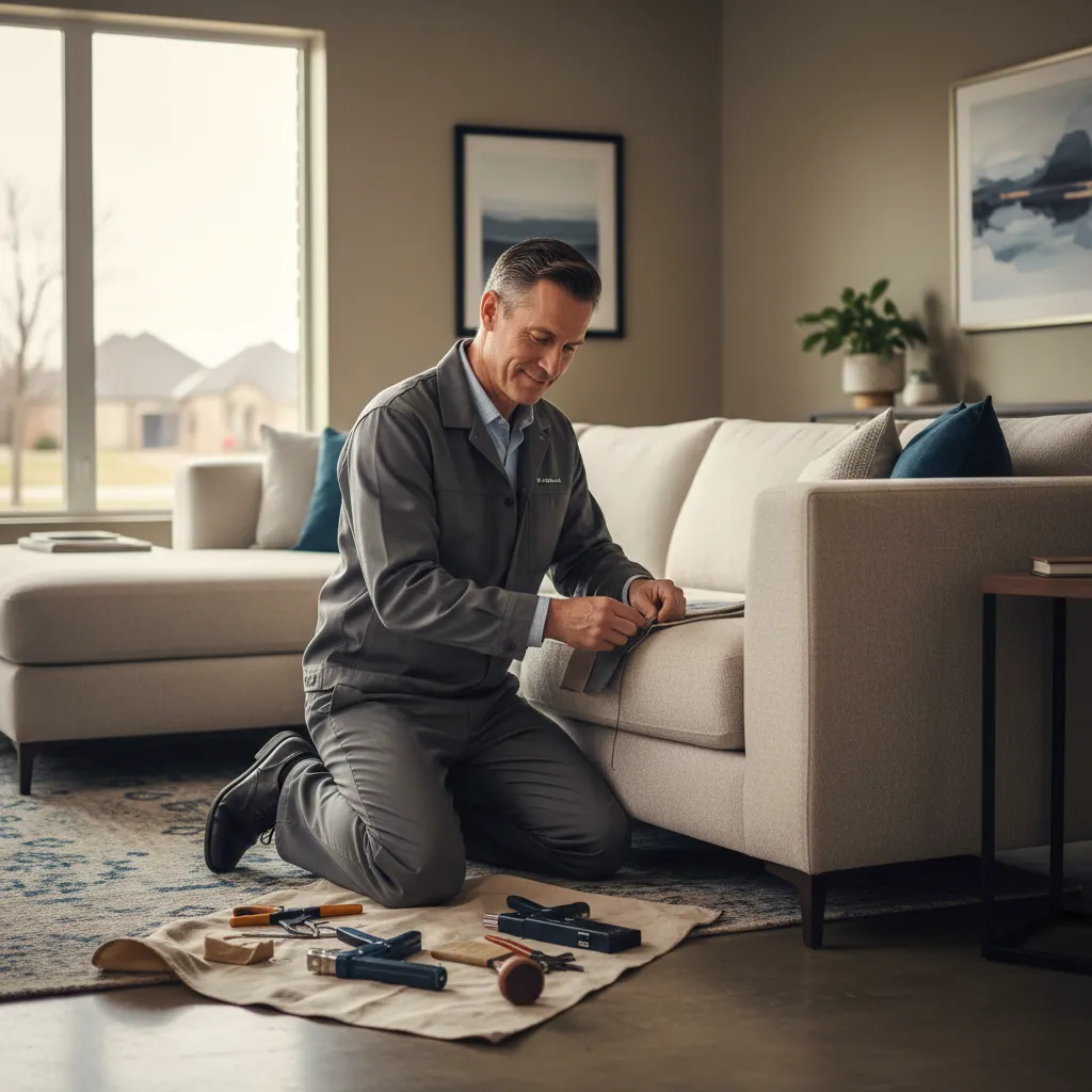 Technician repairing couch in DFW home