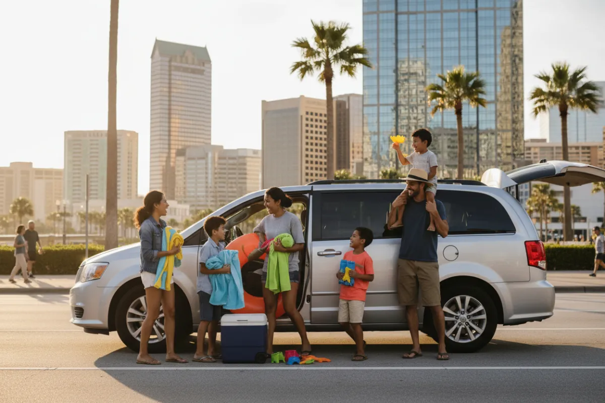 A silver minivan parked in downtown Tampa, with a diverse group of six people—adults and children—unloading beach gear and smiling. The city skyline and palm trees are visible, and the mood is relaxed and joyful, highlighting group travel convenience.