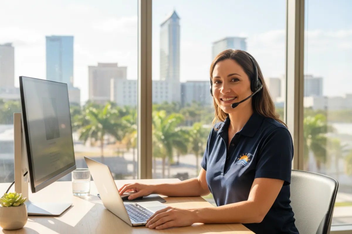A friendly Tampa-based support agent, mid-30s, wearing a branded polo, sits at a modern desk with a headset, smiling while assisting a customer via laptop. The office window shows palm trees and cityscape, emphasizing local, personal service.