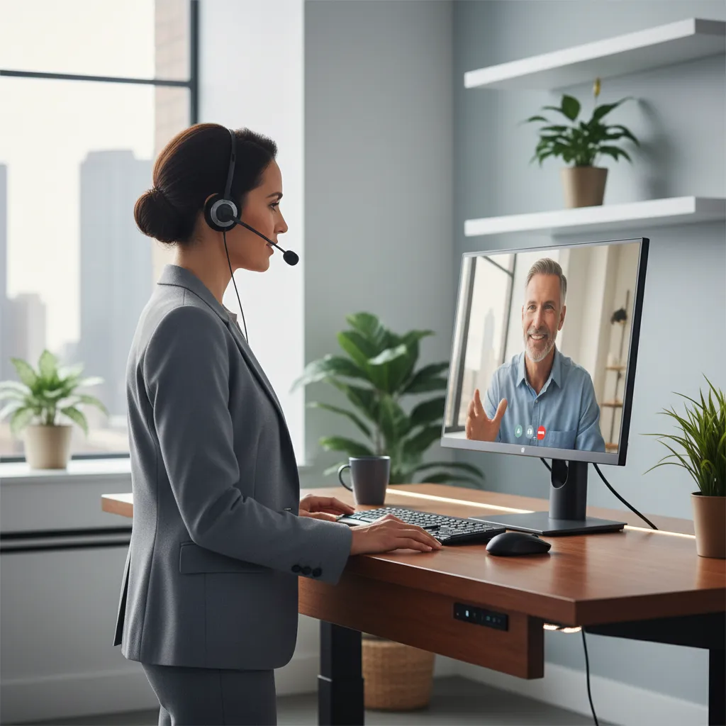 Un especialista de soporte en un escritorio de pie, con auriculares, asistiendo a un cliente por videollamada, oficina moderna, relación de aspecto 1:1, estilo fotorrealista