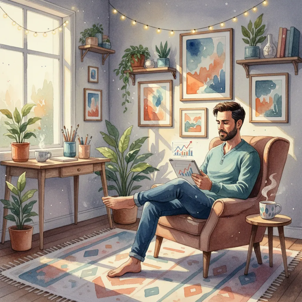 Un emprendedor/a usando una tablet para revisar analíticas de marketing en una oficina en casa acogedora, iluminación cálida, decoración creativa, relación de aspecto 1:1, estilo acuarela