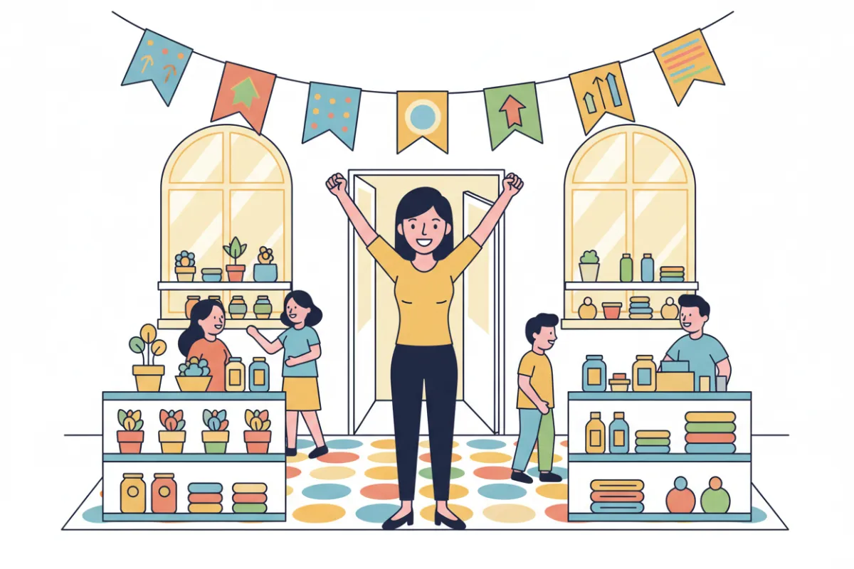 Pequeño empresario celebrando una campaña de marketing exitosa en una tienda luminosa, con banderines coloridos, proporción 3:2, estilo vectorial plano