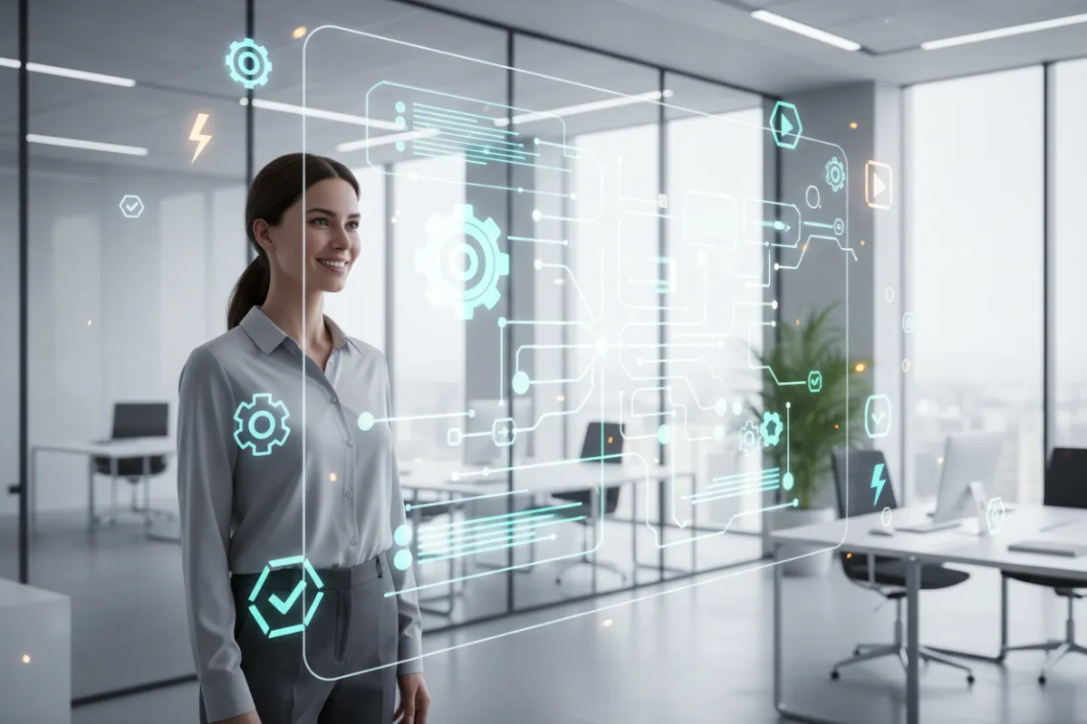 A nonprofit staff member smiling as she reviews automated workflow diagrams on a large screen, surrounded by digital icons representing tasks and triggers. The environment is bright and tech-forward.