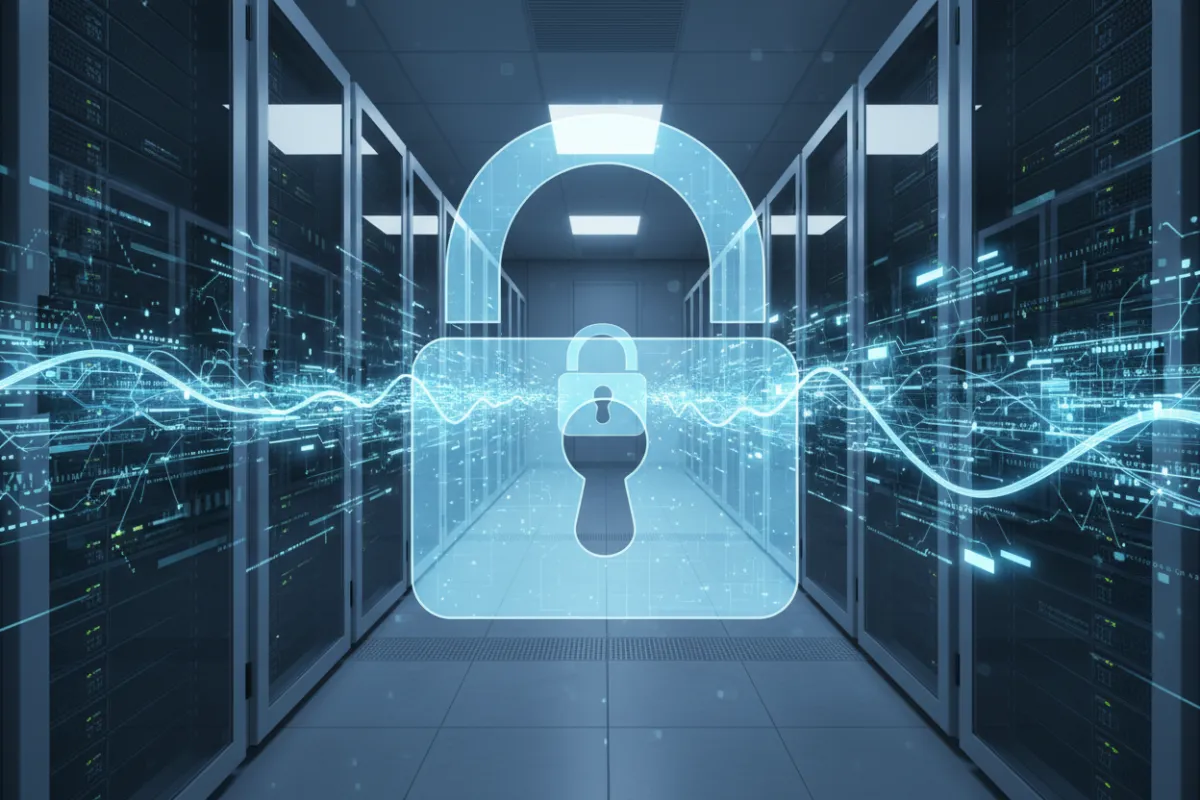 Secure server room with digital lock icons and encrypted data visuals