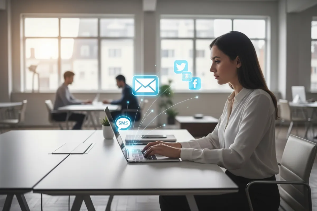 A nonprofit communications manager sending messages from a laptop, with floating icons for SMS, email, and social media, in a modern office. The scene highlights digital outreach and multi-channel engagement.