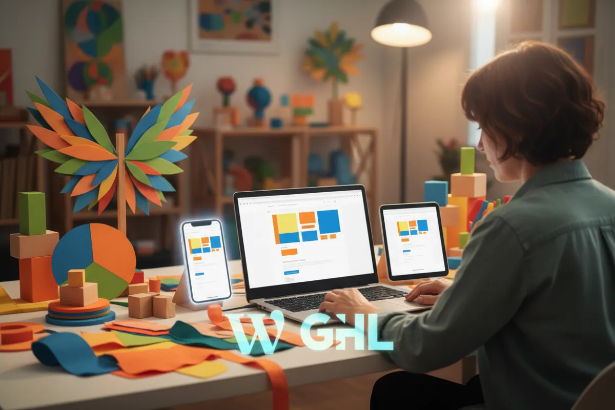 A creative nonprofit marketer designing a campaign page on a laptop. The workspace is colorful and inspiring, filled with campaign materials.