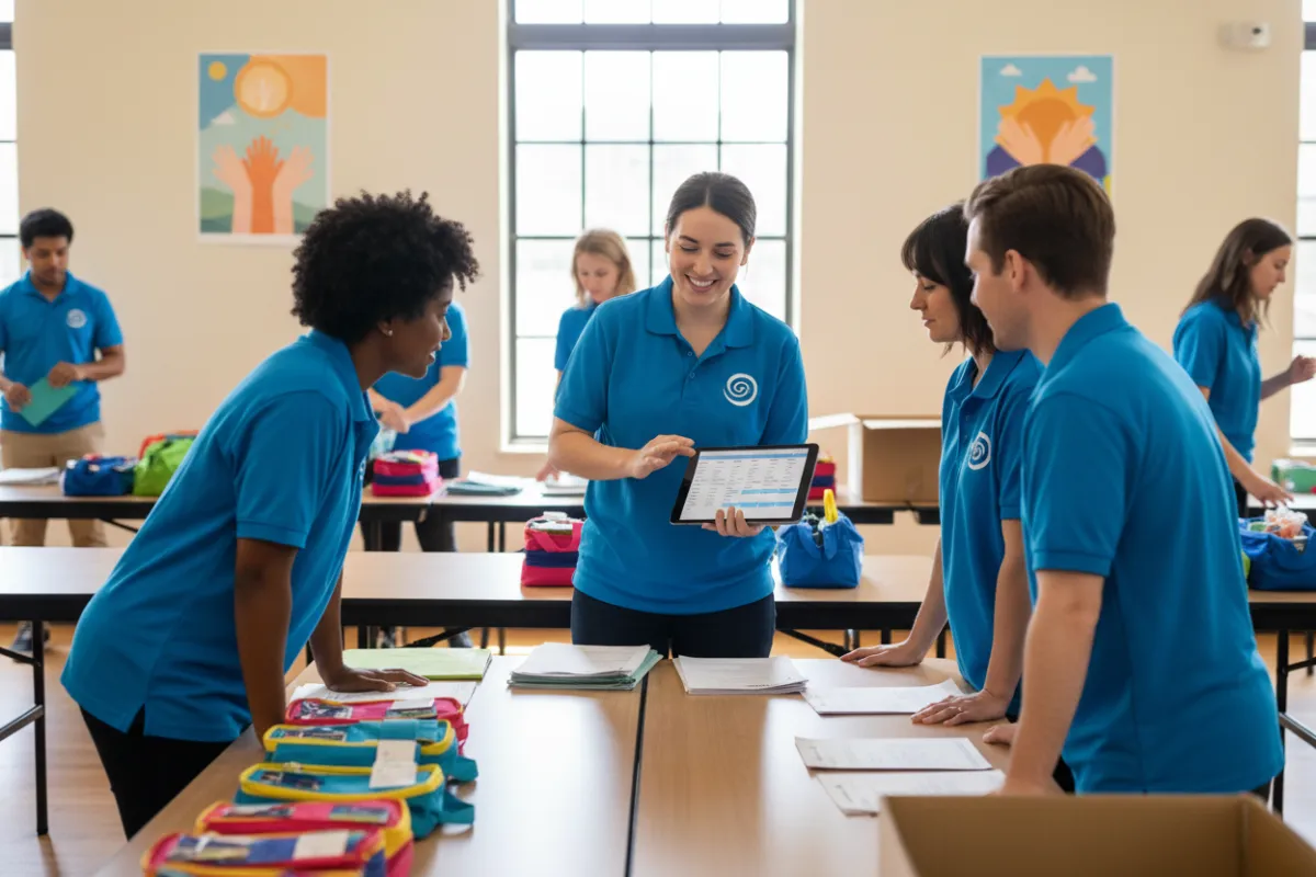 Volunteer coordinator using a tablet to organize schedules with a group of volunteers nearby