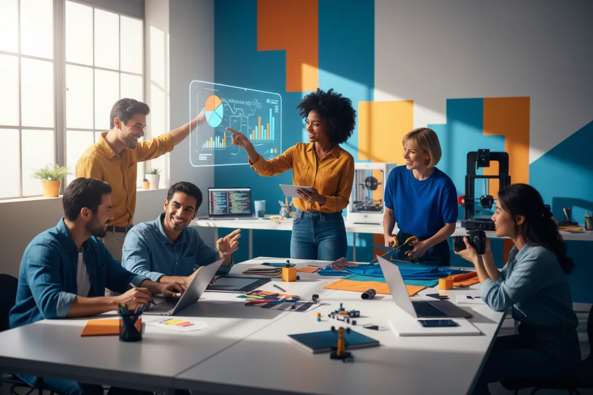 A creative nonprofit marketer designing a campaign page on a laptop. The workspace is colorful and inspiring, filled with campaign materials.