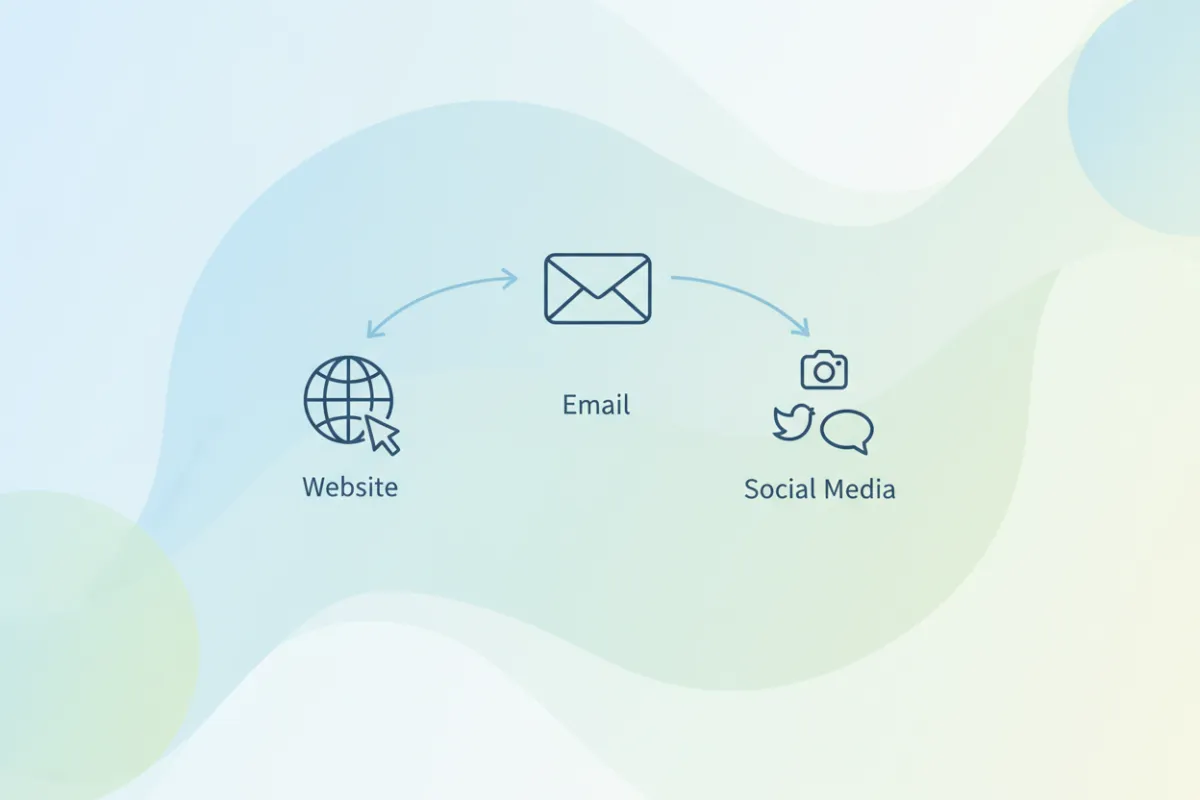 Nonprofit dashboard connecting website, email, and social media icons with flow lines