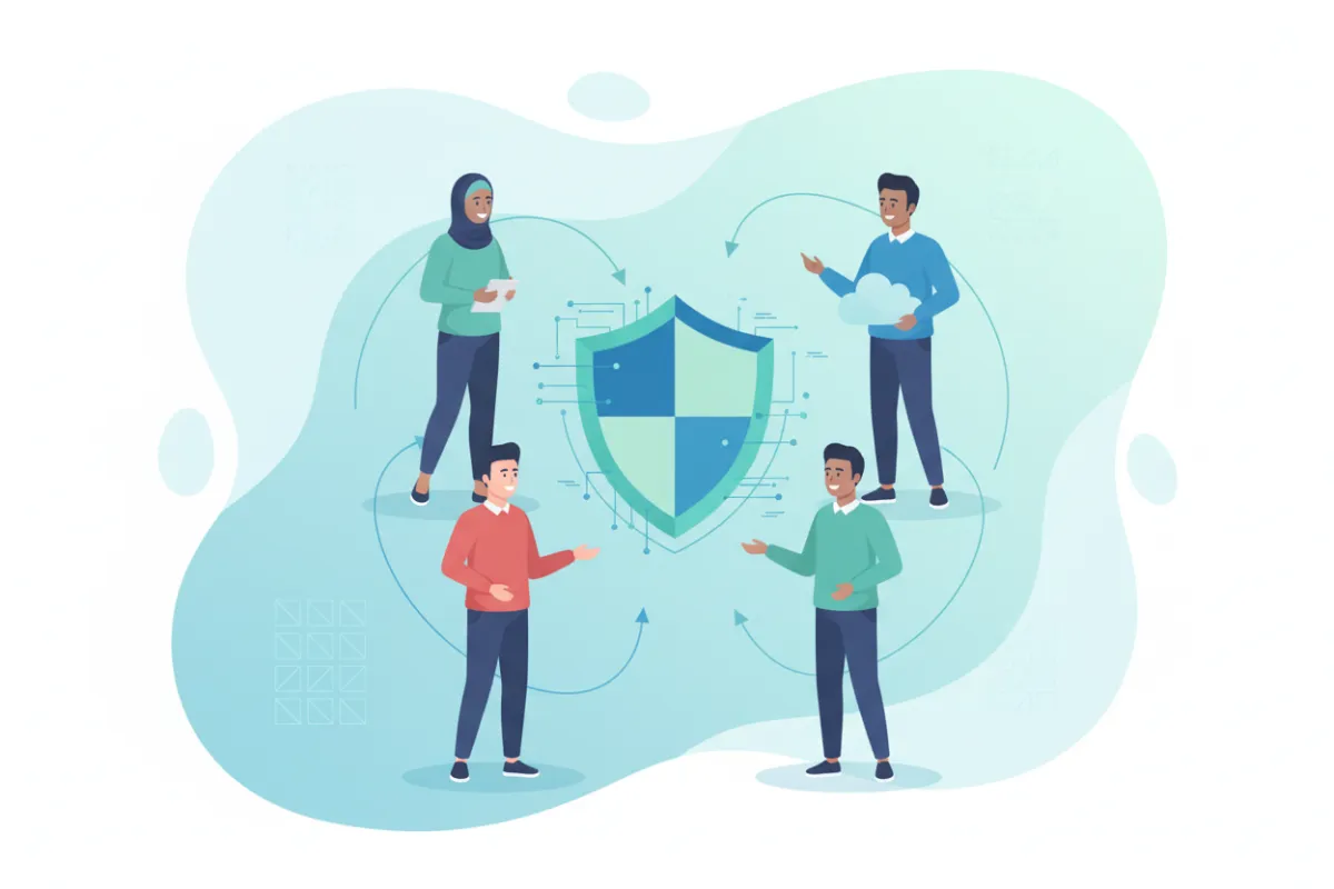 A flat illustration showing a diverse group of nonprofit professionals gathered around a digital shield icon, symbolizing data protection. The background features soft blue and teal gradients, with subtle abstract shapes, conveying a sense of security and inclusivity. The scene is bright, modern, and welcoming, with no repeated elements from other sections.