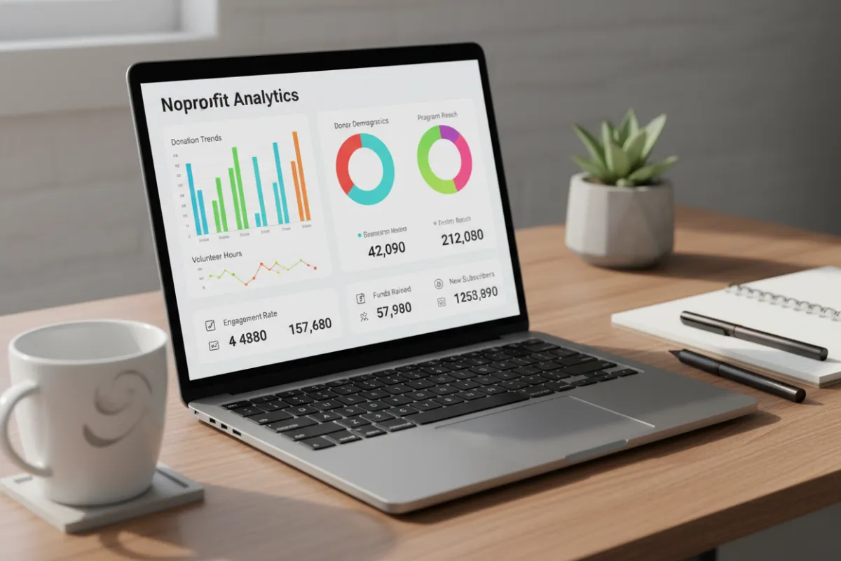 Analytics dashboard with colorful graphs and nonprofit metrics on a laptop screen