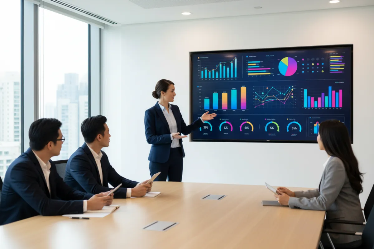 A nonprofit executive presenting interactive data dashboards to a small team, with colorful charts and graphs on a large screen. The setting is a modern conference room, emphasizing data-driven strategy.