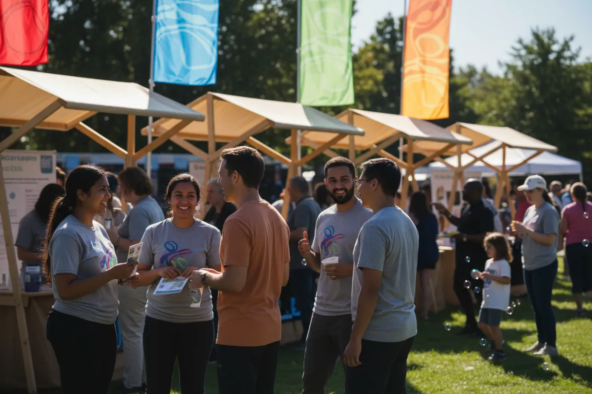 Nonprofit volunteers interacting at a community event with banners and smiling participants