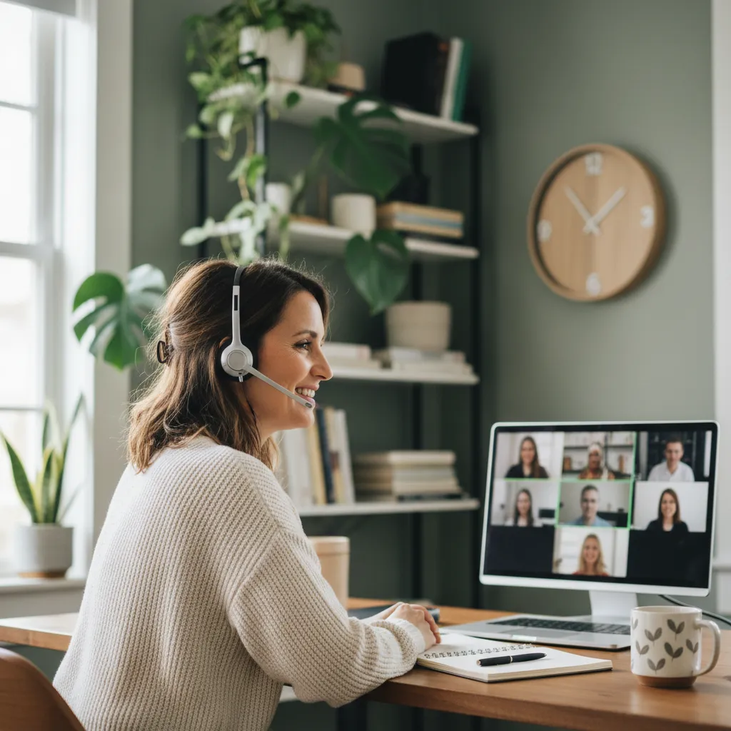 A professional mortgage advisor, mid-30s, sits at a desk with a headset, smiling and speaking on a video call. The background shows a tidy home office with books and plants, conveying approachability and expertise in a real-world setting.