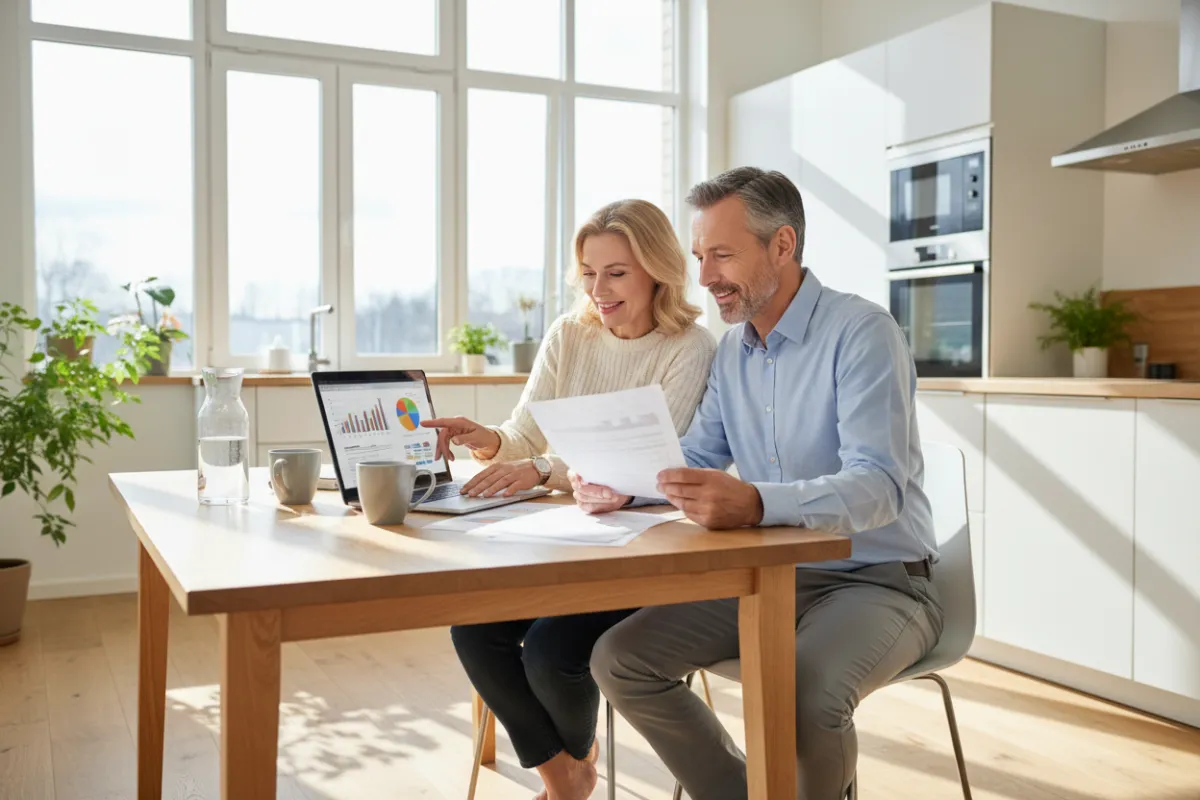 A middle-aged couple sits at a modern kitchen table, reviewing mortgage documents together with a laptop open, sunlight streaming through large windows, both appearing optimistic and focused. The setting is bright, contemporary, and welcoming, emphasizing a sense of financial empowerment.
