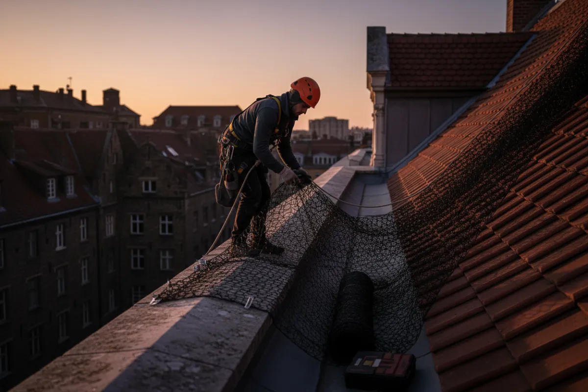 Technicien installant une protection anti-oiseaux (filets/grillages)