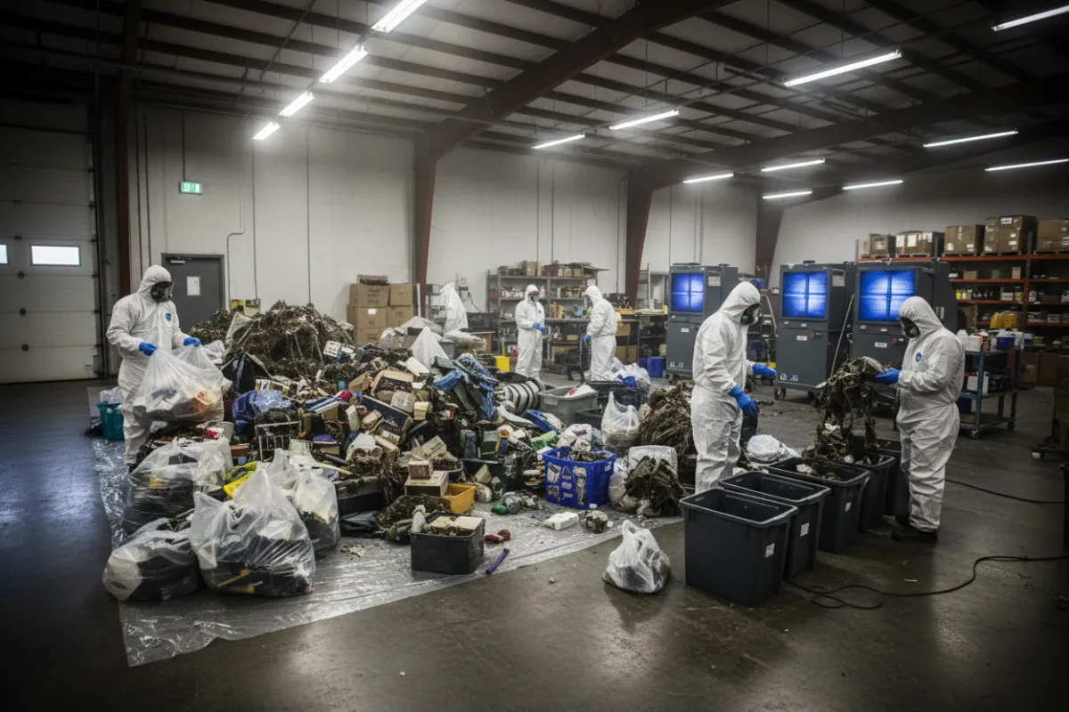 Technicien en tenue PPE effectuant des opérations de décontamination