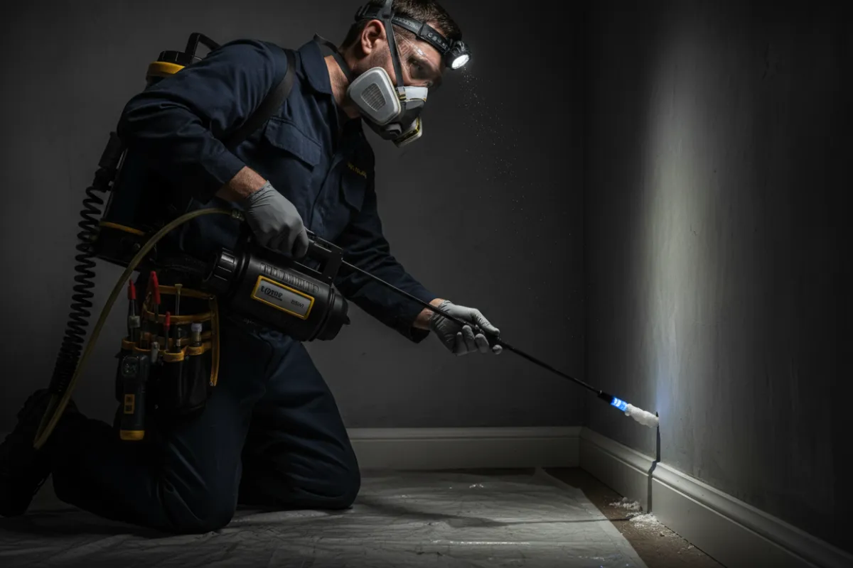 Technicien appliquant un traitement ciblé et réalisant des travaux d'exclusion