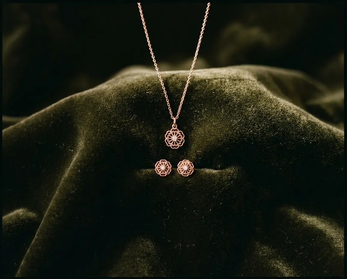 Avon delicate rose-gold plated pendant necklaces and artisan stud earrings display