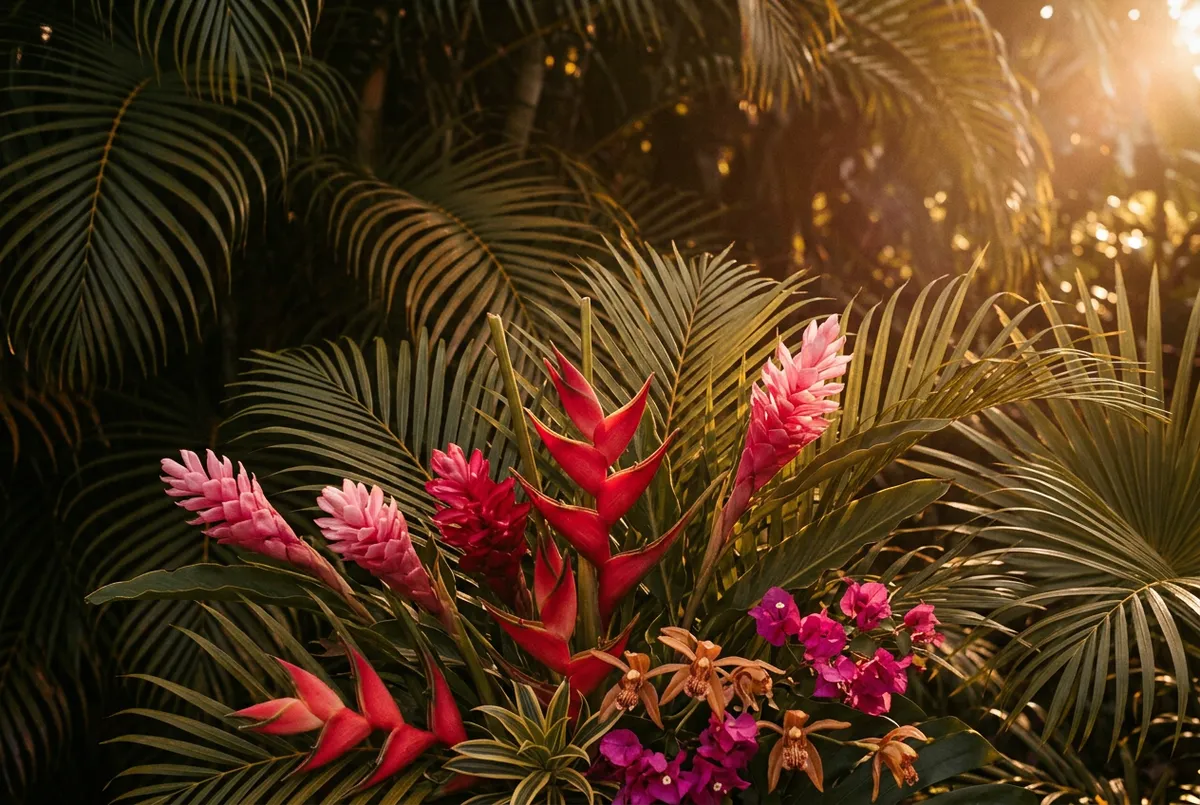 Christmas in Full Bloom Puerto Rico single cover showing festive flora in warm golden sunlight