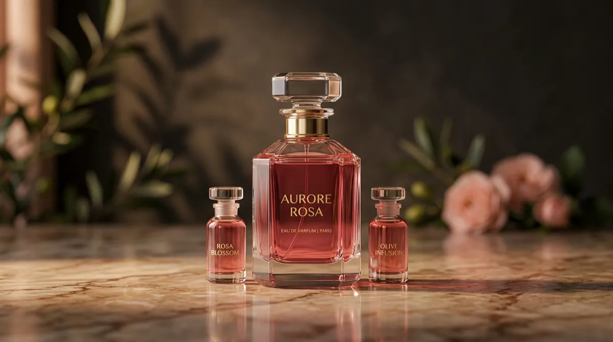 Curated Avon signature perfume and botanical fragrance collection on warm marble surface
