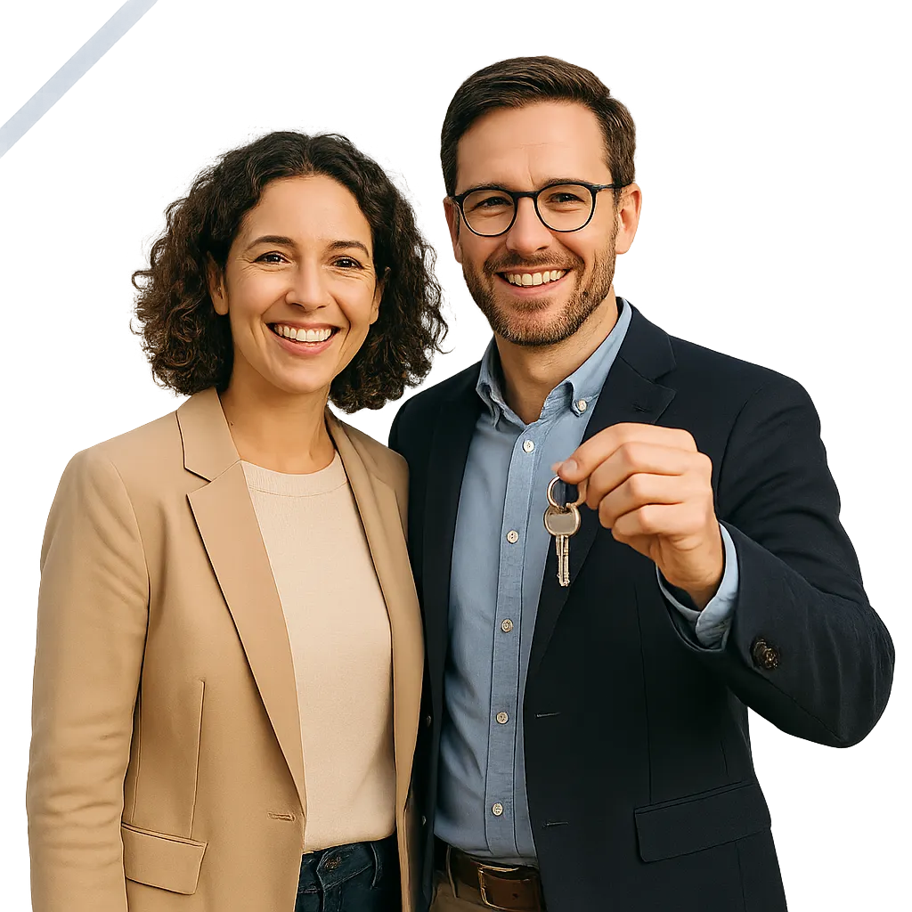 Happy couple holding house keys outside UK home