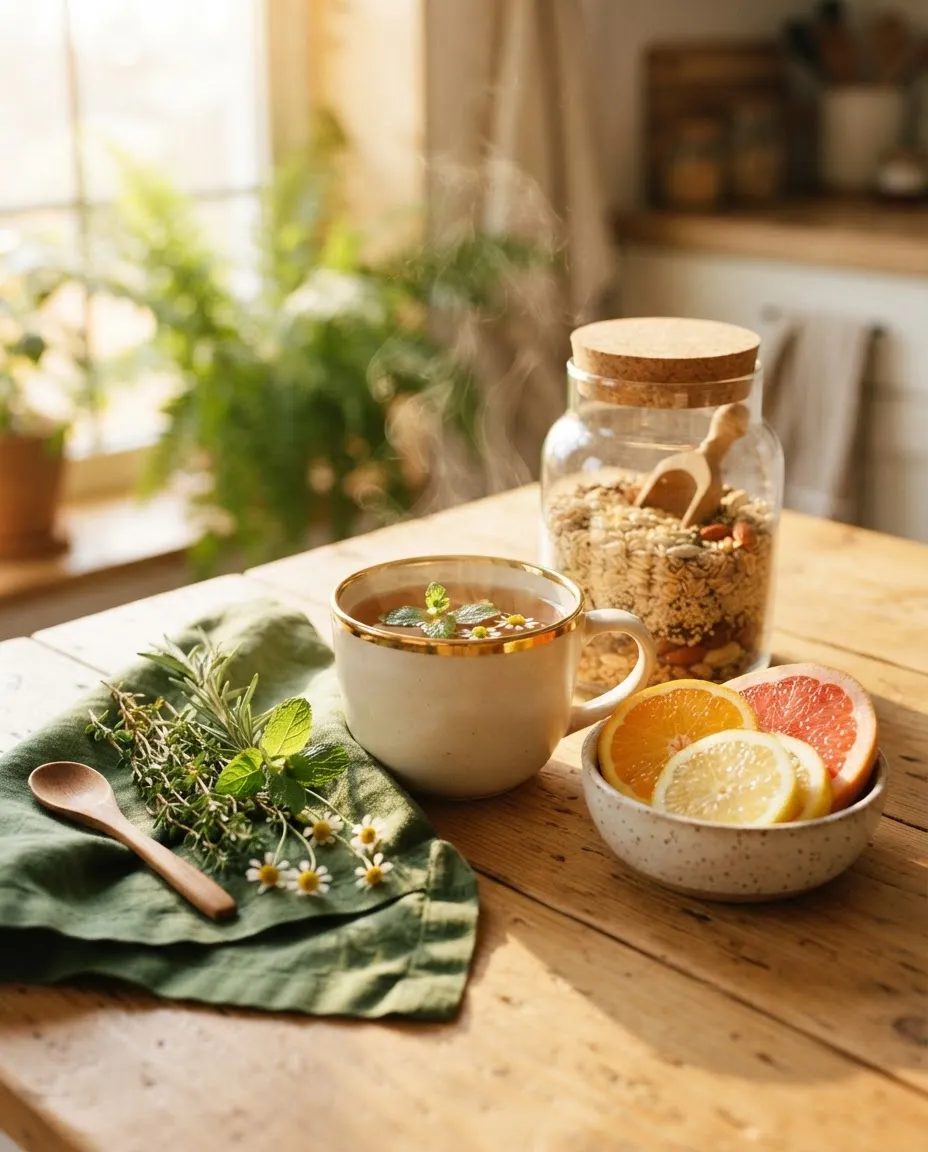 Calming morning sunlight illuminating natural wellness tea, fresh botanical herbs, and wholesome ingredients