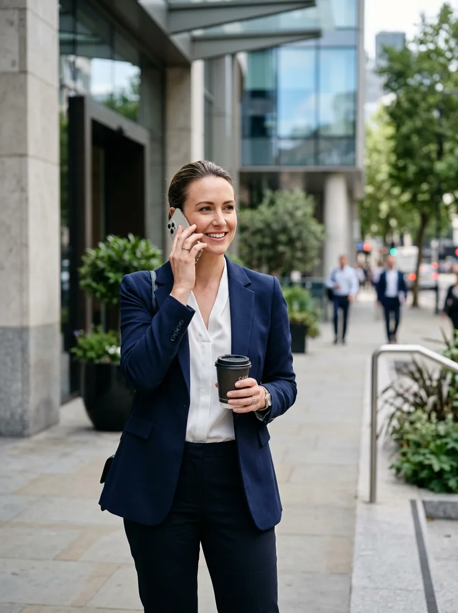 Woman talking on phone, holding coffee, standing outdoors in front of a building