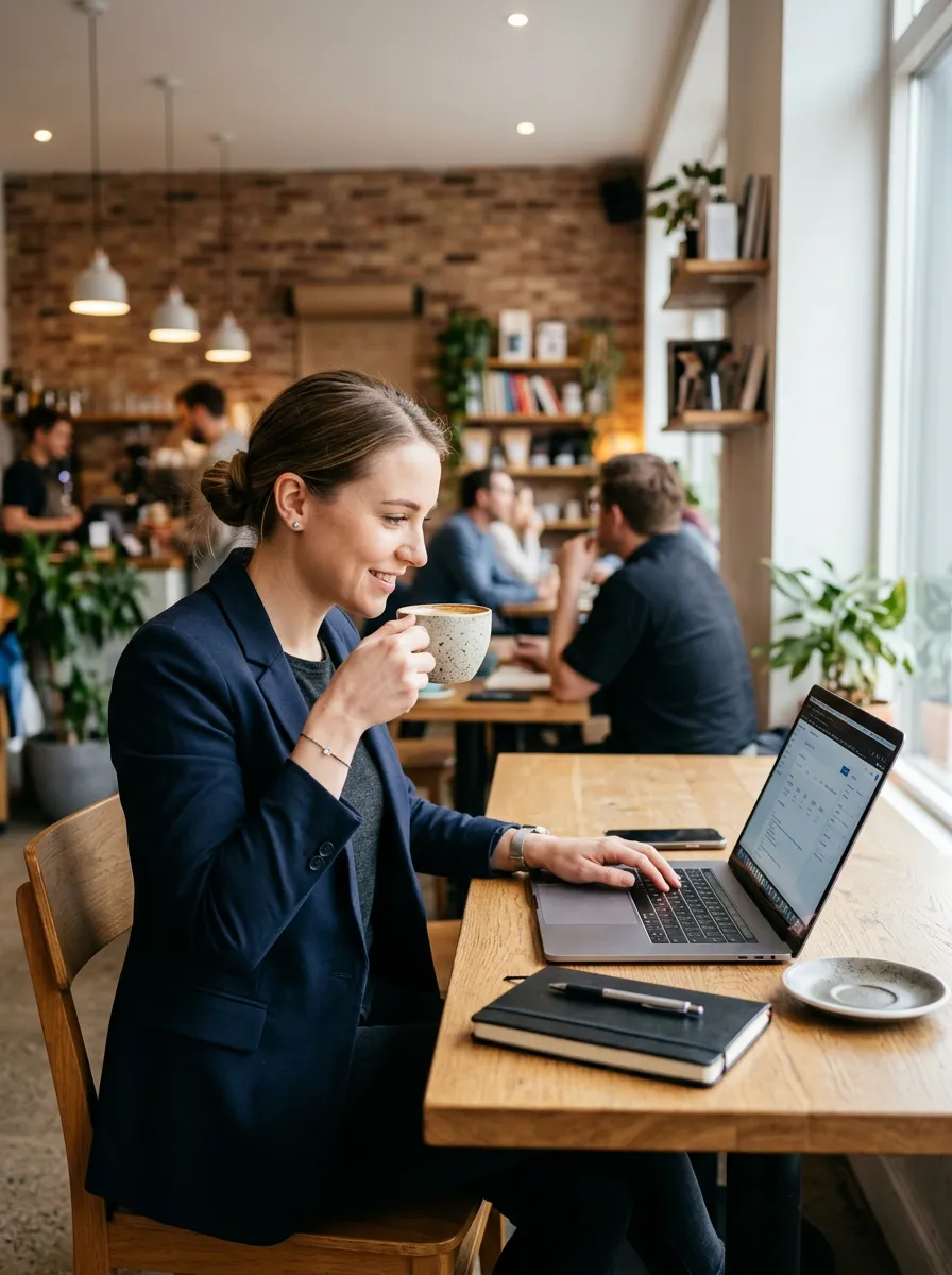 Woman working on laptop, drinking coffee in a cafe