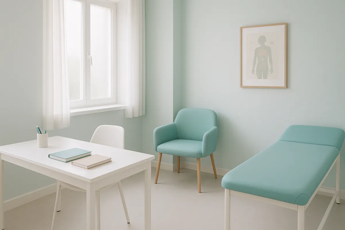 Consultorio minimalista y limpio con sutiles tonos aqua, ventana con luz natural suave y una mesa con libretas.