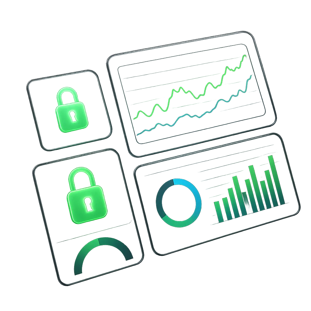 Sleek modern software dashboard floating in 3D space with unlocked padlock icons